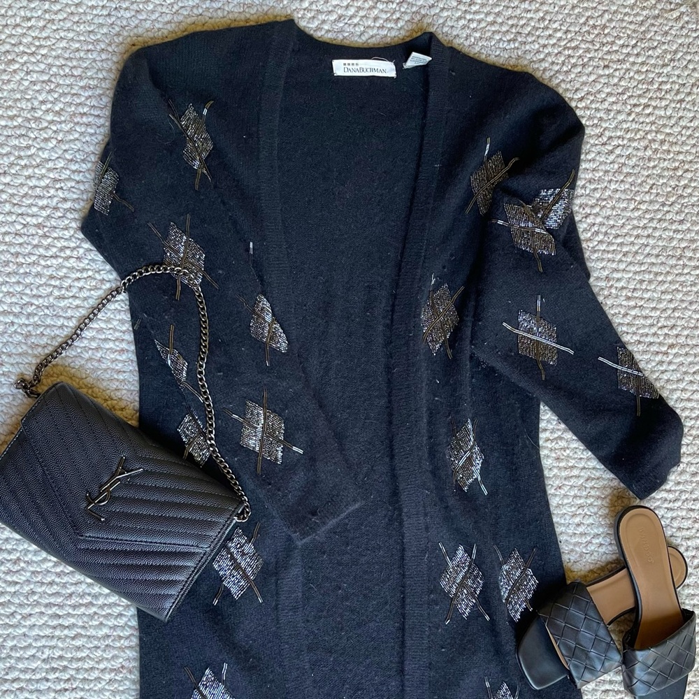 Vintage Long Beaded Black Angora/Lambswool Sweater